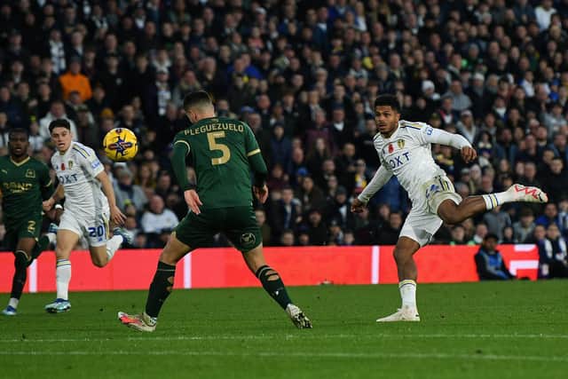 ANOTHER CHANCE: Not taken as Leeds United striker Georginio Rutter, right, fires in a shot against Saturday's Championship visitors Plymouth Argyle at Elland Road. 
Picture by Jonathan Gawthorpe.