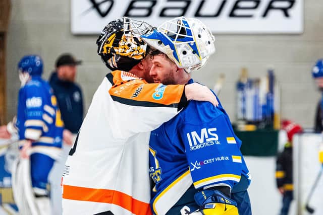 GOALIE APPRECIATION SOCIETY: Sam Gospel embraces Telford's Brad Day after last week's play-off clash in Leeds. Picture: Kev Bland/Knights Media.