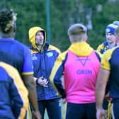 Rohan Smith, pictured speaking to his players at training, says he has full confidence in Leeds Rhinos' pack, despite their injury problems. Picture by Simon Hulme.