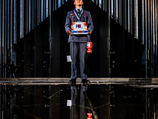 The event organised by the Royal British Legion involved members of the RAF and army personnel all supporting the 2022 Poppy Appeal by selling poppies in uniform across Leeds. Pictured is Jack Tillett, from 90 Signals Unit, based at RAF Leeming, collecting around Wellington Place.