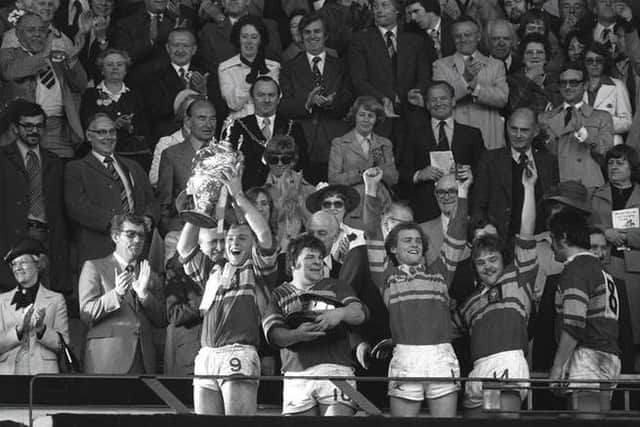 Steve Pitchford, second from left, celebrates as Leeds captain David Ward lifted the Challenge Cup at Wermbley in 1978. The other players are Willie Oulton, Kevin Dick, and Mick Harrison.