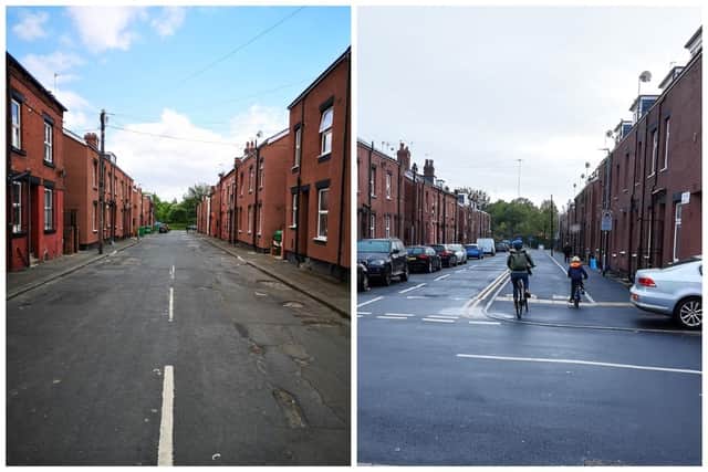 Recreation Street in Holbeck before (left) and after (right) the improvements.