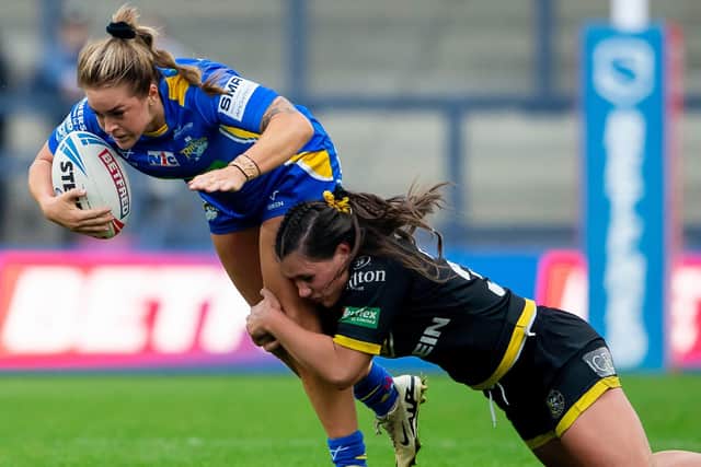 Leeds Rhinos' Shona Hoyle is tackled by Lisa Parker of York Valkyrie. Picture by Allan McKenzie/SWpix.com.