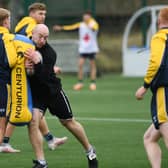 Former Wakefield winger Lee Kershaw (in black top) training with Rhinos on Tuesday. Picture by Jonathan Gawthorpe.