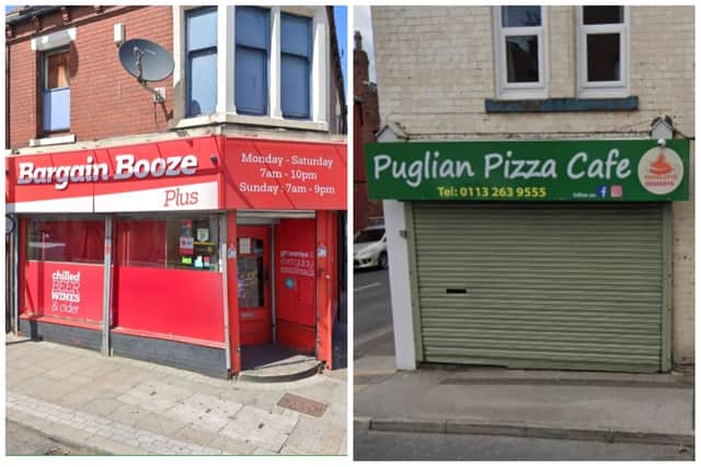 Oxley tried to rob Bargain Booze on Town Street, then stole the till from Puglian Pizza later that day. (pics by Google Maps)