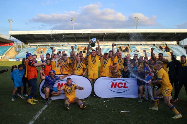Hunslet ARLFC seen celebrating their previous title in two years ago. Picture by Alex Shenton.