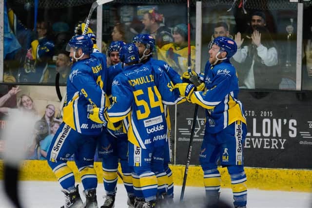 STARTING POINT: Leeds Knights' players celebrate a goal against Peterborough Phantoms in Sunday's play-off final. Picture: Chris Callaghan