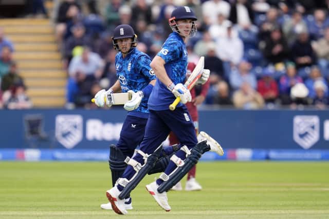 CRUCIAL PARTNERSHIP: England's Joe Root (left) and Harry Brook put together a vital 85-run third-wicket partnership against the West Indies at Sophia Gardens. Picture: Nick Potts/PA