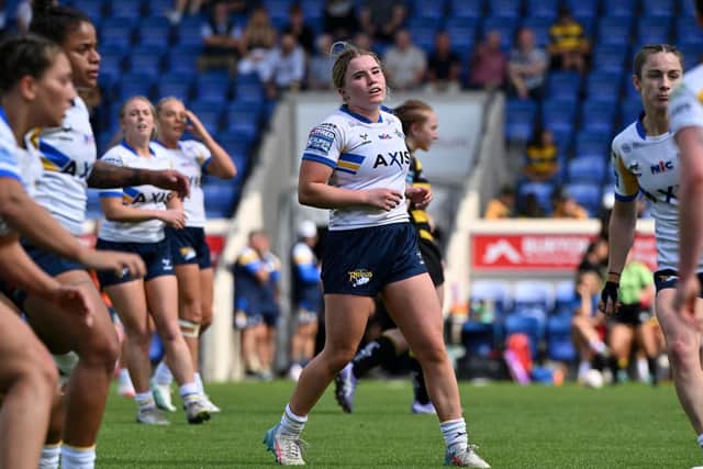 Bella Sykes warms up ahead of her Leeds Rhinos comeback at York Valkyrie last week. Picture by Matthew Merrick/SWpix.com.