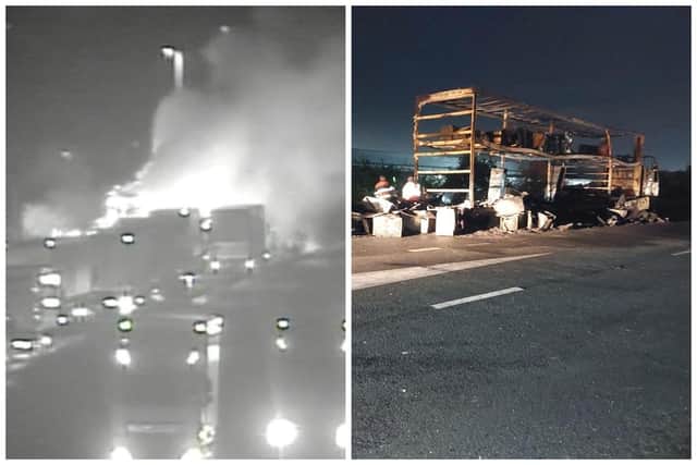 National Highways Yorkshire took to social media to share images of the burnt out lorry. Pictures: National Highways