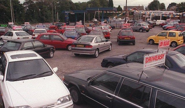 Did you buy a car from here back in the day? The forecourt at M.B. Motors in Drighlington in September 1998.