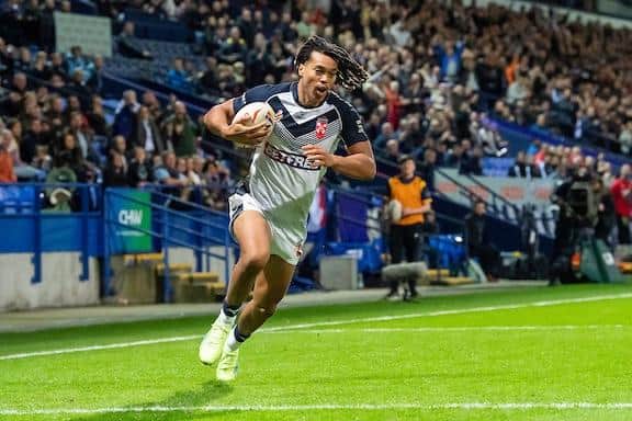 Dewsbury-born Dom Young scores for England against France. Picture by Allan McKenzie/SWpix.com.