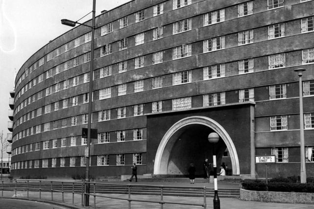 This view of Quarry Hill Flats was taken from St Peter's Street in June 1967. The flats were constructed in the mid to late 1930s and were the largest and most modern in Europe at the time. The flats housed 3,000 people. They were demolished in 1978 and Leeds Playhouse now stands on the site.