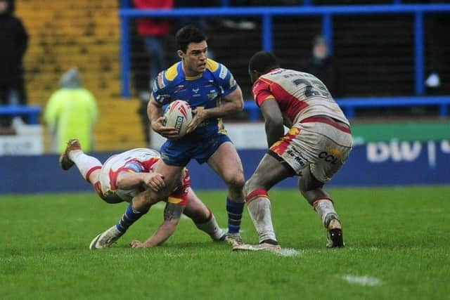 Brodie Croft on the attack for Leeds Rhinos against Catalans Dragons. Picture by Steve Riding.