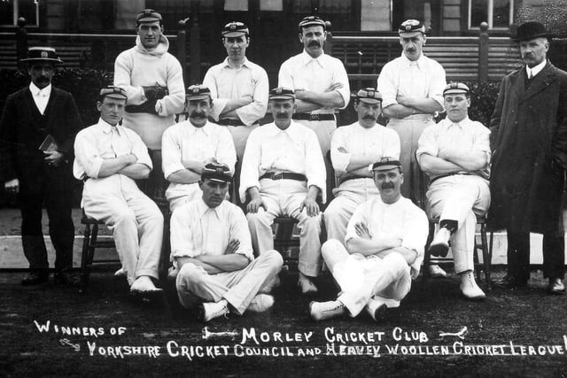 Morley Cricket Club team, who were the winners of the Yorkshire Cricket Council and Heavy Woollen Cricket League in 1912. The photo was probably taken at their ground in Scatcherd Lane, which along with the adjoining football ground was opened on July 1889. Morley Cricket Club were formed out of the Morley Britannia Clubs.