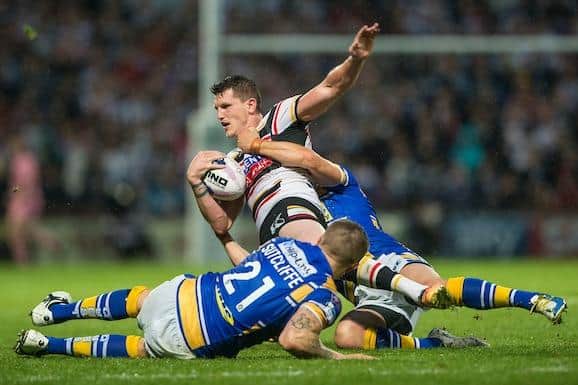 Lee Gaskell in action for Bradford against Leeds Rhinos in 2014. Picture by Allan McKenzie/SWpix.com.