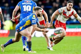 Andy Ackers gets a pass away during Leeds Rhinos' Super League defeat by St Helens last week. Picture by Allan McKenzie/SWpix.com.