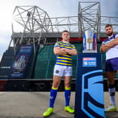Rival captains George Williams, of Warrington Wolves and Wakefield Trinity's Mike McMeeeken with the Betfred Super League trophy ahead of Saturday's Grand Final at Old Trafford. Picture by Allan McKenzie/SWpix.com.