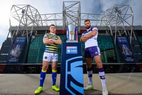 Rival captains George Williams, of Warrington Wolves and Wakefield Trinity's Mike McMeeeken with the Betfred Super League trophy ahead of Saturday's Grand Final at Old Trafford. Picture by Allan McKenzie/SWpix.com.