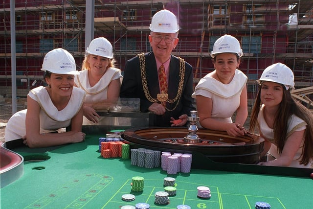The Lord Mayor of Leeds, Coun Graham Kirkland, visited the site of the new Stakis Club on Westgate to spin the first roulette wheel. He is pictured with croupiers, from left, Nicky  Garnett, Becky Slack, Rachael Baxter and Catherine Ogden.