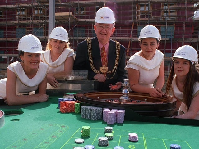 The Lord Mayor of Leeds, Coun Graham Kirkland, visited the site of the new Stakis Club on Westgate to spin the first roulette wheel. He is pictured with croupiers, from left, Nicky  Garnett, Becky Slack, Rachael Baxter and Catherine Ogden.
