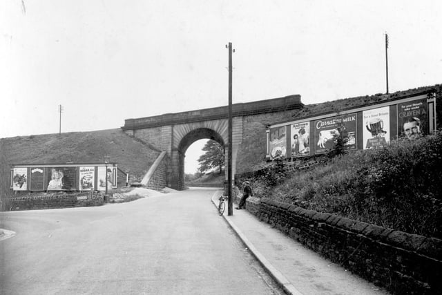 Spen Lane in June 1937. A view of railway bridge on with Vesper Road on left.