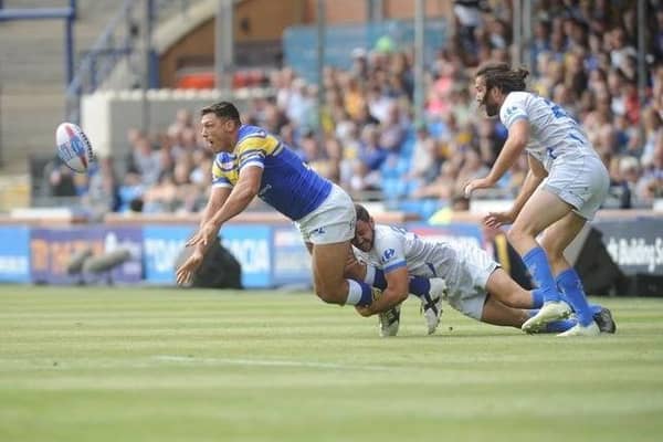 Ryan Hall seen in action for Leeds against Toulouse Olympique on August 11, 2018. A knee injury in that game brought his first Rhinos career to an end. Picture by Steve Riding.