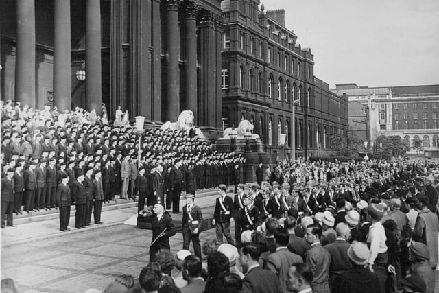 The Leeds Boys Brigade in September 1960. Representative detachments of the Yorkshire District of the Boy's Brigade march past Leeds Town Hall. The salute was taken by the Brigade president, Lord Maclay.