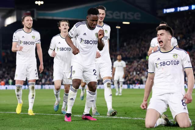 JIG: Luis Sinisterra celebrates putting Leeds United 2-1 up. Photo by Alex Livesey/Getty Images.