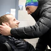Rob Burrow with fellow former rugby league player Kevin Sinfield at Headingley Stadium. Picture: SWNS