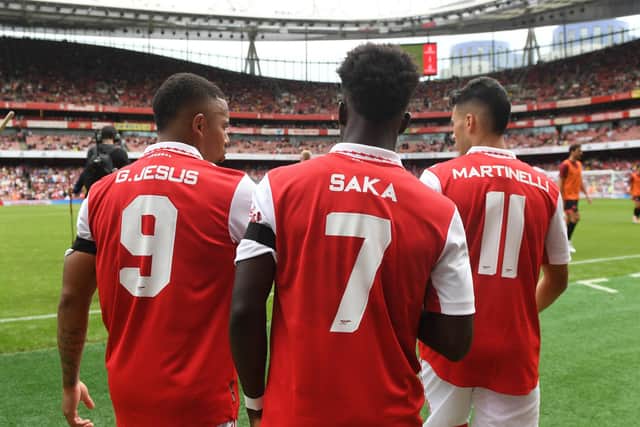 TRIPLE THREAT: Arsenal's potent front three of, left to right, Gabriel Jesus, Bukayo Saka and Gabriel Martinelli. Photo by Stuart MacFarlane/Arsenal FC via Getty Images.