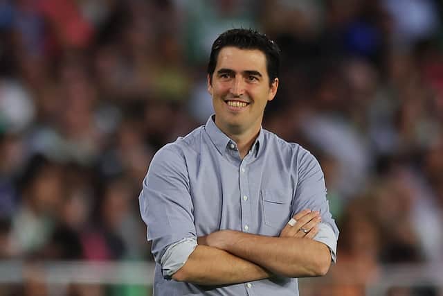 SEVILLE, SPAIN - MAY 15: Andoni Iraola, Head Coach of Rayo Vallecano, looks on during the LaLiga Santander match between Real Betis and Rayo Vallecano at Estadio Benito Villamarin on May 15, 2023 in Seville, Spain. (Photo by Fran Santiago/Getty Images)