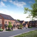 A computer-generated image of a street scene at The Orchard in Bubwith by Mulgrave Properties