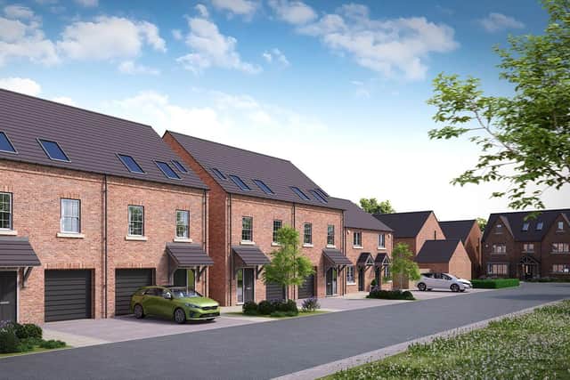 A computer-generated image of a street scene at The Orchard in Bubwith by Mulgrave Properties