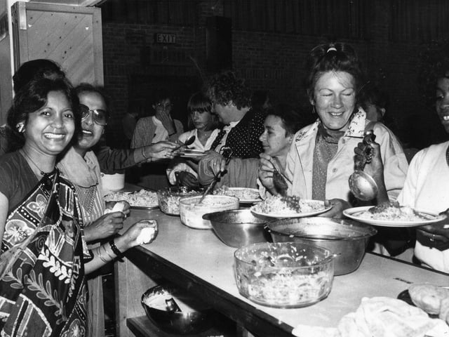 Some of the 250 people who attended the Sikh Centre in Chapeltown Road in July 1989 to take part in the Community Lunch and sample the vegetarian menu. It was an event organised by the Leeds 100k club, a black organisation dedicated to raising £100,000 for the 'Give For Life Appeal.' The Community Lunch raised £500 towards the appeal with the help of the Sikh Centre Women's Group.