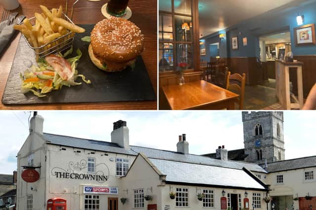 The Crown at Monk Fryston and, top left, one of the meals ordered by the reviewer and, top right, the inside of the pub.