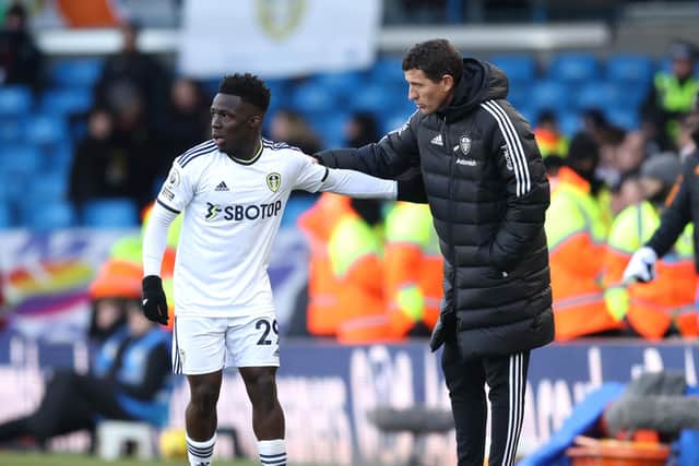 LEEDS, ENGLAND - FEBRUARY 25: Javi Gracia, Manager of Leeds United, interacts with Wilfried Gnonto of Leeds United during the Premier League match between Leeds United and Southampton FC at Elland Road on February 25, 2023 in Leeds, England. (Photo by George Wood/Getty Images)