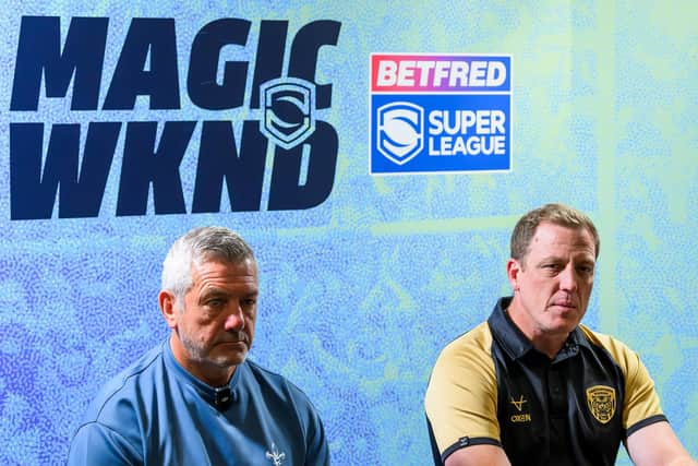 Wakefield Trinity coach Daryl Powell, left and Castleford Tigers counterpart Ryan Carr at a press conference to promote Sunday's Magic Weekend derby. Picture by Allan McKenzie/SWpix.com.