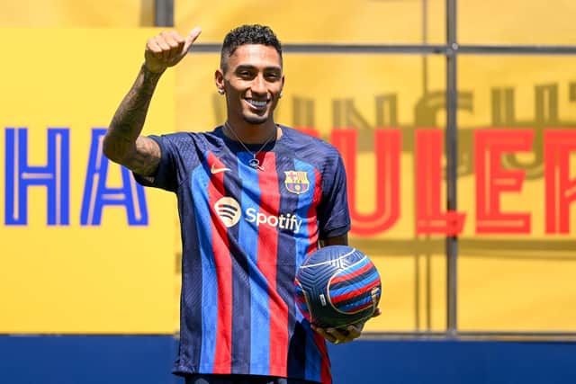 SANT JOAN DESPI, SPAIN - JULY 15: Raphael Dias Belloli 'Raphinha' poses for the media as he is presented as a FC Barcelona player at Ciutat Esportiva Joan Gamper on July 15, 2022 in Sant Joan Despi, Spain. (Photo by David Ramos/Getty Images)