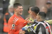 NEWCASTLE UPON TYNE, ENGLAND - DECEMBER 31: Leeds goalkeeper Illan Meslier has words with Newcastle player Bruno Guimara during the Premier League match between Newcastle United and Leeds United at St. James Park on December 31, 2022 in Newcastle upon Tyne, England. (Photo by Stu Forster/Getty Images)