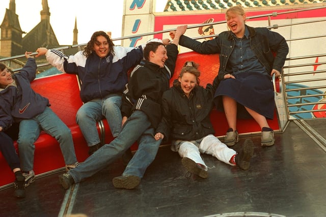 All smiles for these thrill-seekers at the Valentine's Fair in February 1997.