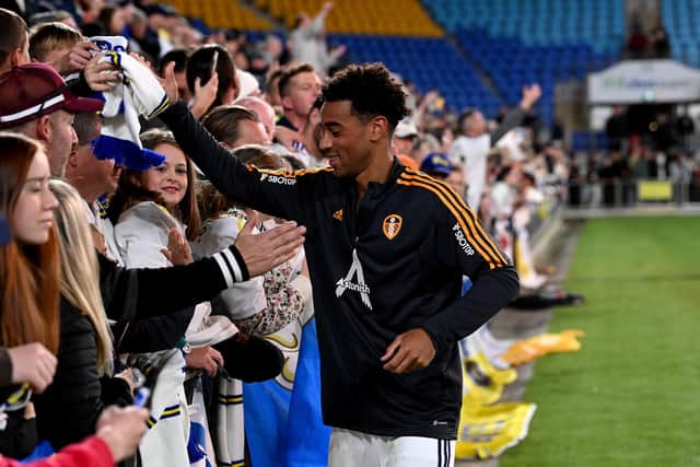 GOLD COAST, AUSTRALIA - JULY 14: Tyler Adams of Leeds United greets fans after the 2022 Queensland Champions Cup match between Brisbane Roar and Leeds United at Cbus Super Stadium on July 14, 2022 in Gold Coast, Australia. (Photo by Bradley Kanaris/Getty Images)