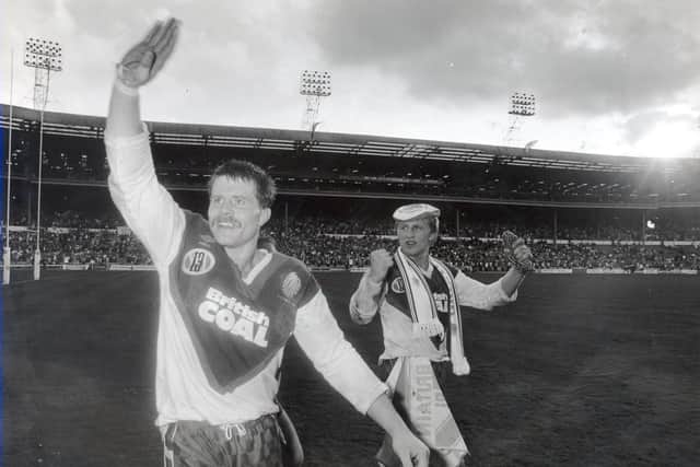 Paul Dixon (left) and Denis Betts at Wembley after Great Britain's 1990 first Test win against Australia. Picture by Steve Riding.