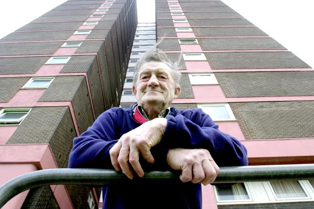 This is Gamble Hill Grange flats resident George Lowe who was complaining about their condition in June 2003.