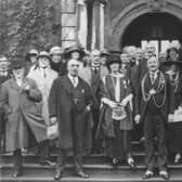 Dignitaries gather for the 1922 ceremony to hand over Temple Newsam House to Leeds Corporation.