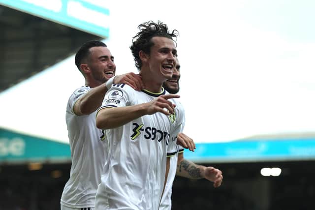 Brenden Aaronson celebrates' Leeds second goal against Wolves (Photo by David Rogers/Getty Images)
