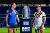 Wakefield Trinity's Tom Johnstone, left and Liam Hood, of Castleford Tigers, with the Betfred Super League trophy at Hill Dickinson Stadium in Liverpool. Picture by Allan McKenzie/SWpix.com.