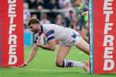 Josh Rourke scores for Wakefield Trinity during last weekend's 44-6 rout of Catalans Dragons. Picture by Alex Whitehead/SWpix.com.