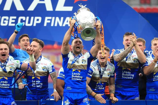 Luke Gale lifts the trophy after the 2020 Coral Challenge Cup final, played behind closed doors at Wembley. Leeds haven't won a Cup tie since. Picture by Mike Egerton/PA Wire.
