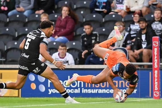 Derrell Olpherts, seen scoring the first of his four tries in a win at Hull this year, is set to move from Castleford to Leeds. Picture by Will Palmer/SWpix.com.